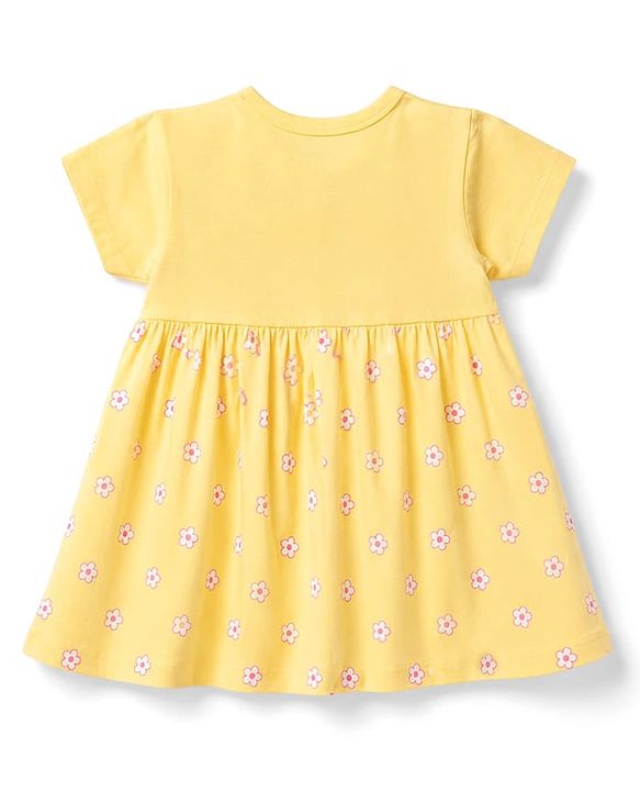 Babyhug 100% Cotton Single Jersey Knit Half Sleeves Frock With Floral Print - Yellow