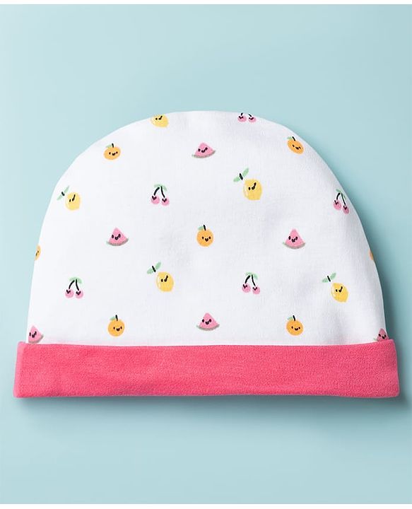Babyhug 100% Cotton Knit Cap Mittens & Booties with Fruit Print Multicolor - Diameter 8 cm