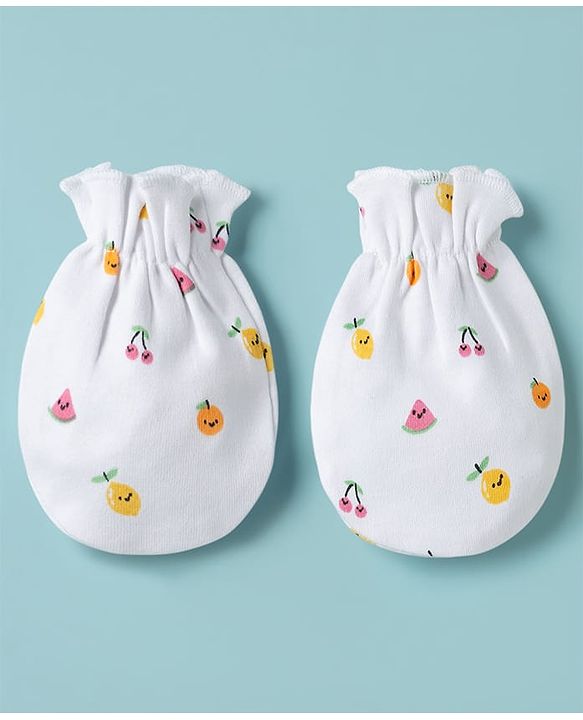 Babyhug 100% Cotton Knit Cap Mittens & Booties with Fruit Print Multicolor - Diameter 8 cm