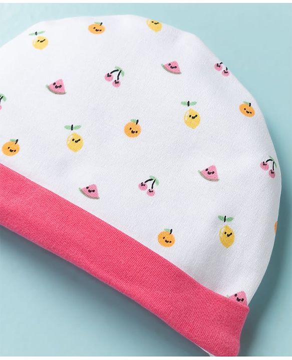 Babyhug 100% Cotton Knit Cap Mittens & Booties with Fruit Print Multicolor - Diameter 8 cm