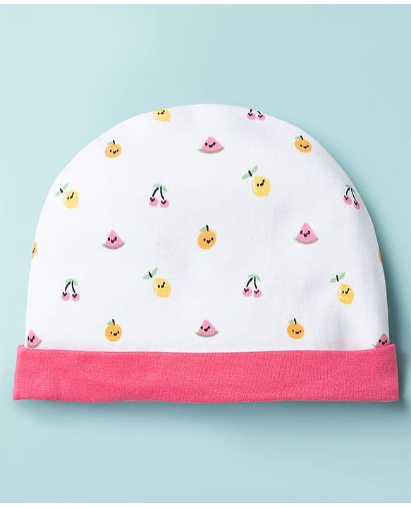 Babyhug 100% Cotton Knit Cap Mittens & Booties with Fruit Print Multicolor - Diameter 8 cm