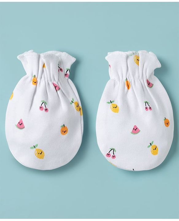 Babyhug 100% Cotton Knit Cap Mittens & Booties with Fruit Print Multicolor - Diameter 8 cm