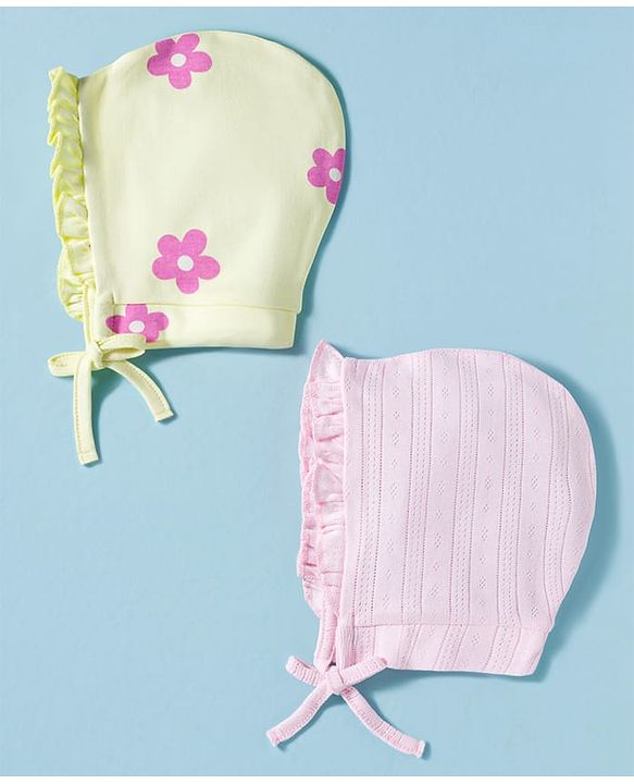Babyhug 100% Cotton Interlock Knit Cap With Floral Print Pack of 2 Multicolor - Diameter 9 cm