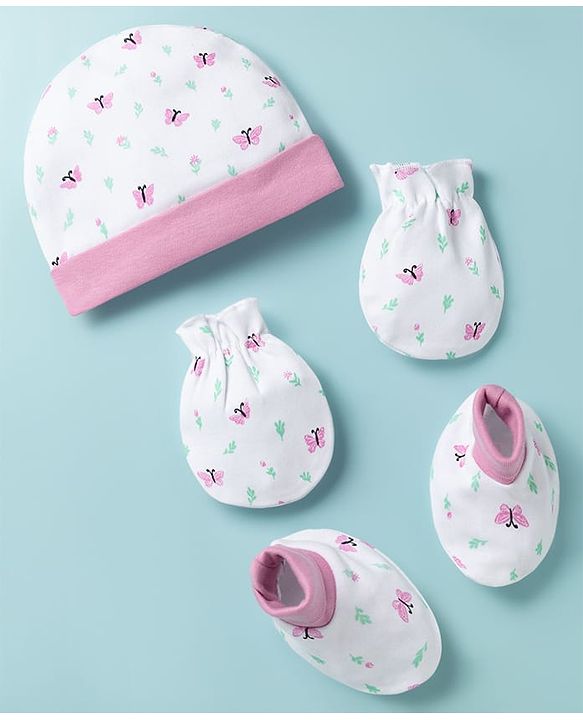 Babyhug 100% Cotton Knit Cap Mittens & Booties with Butterfly Print Multicolor - Diameter 8 cm