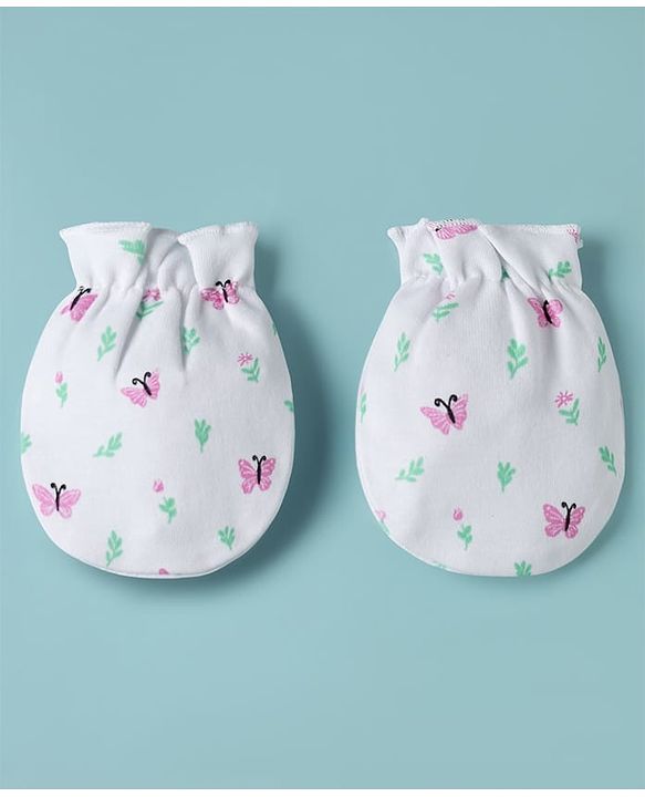 Babyhug 100% Cotton Knit Cap Mittens & Booties with Butterfly Print Multicolor - Diameter 8 cm