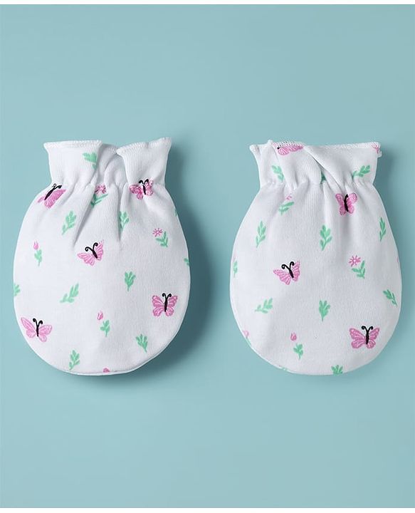 Babyhug 100% Cotton Knit Cap Mittens & Booties with Butterfly Print Multicolor - Diameter 8 cm