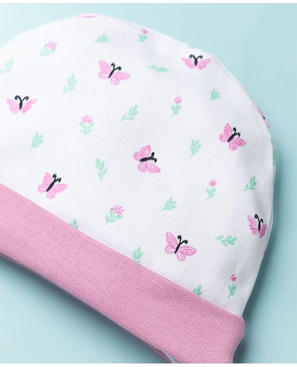 Babyhug 100% Cotton Knit Cap Mittens & Booties with Butterfly Print Multicolor - Diameter 8 cm