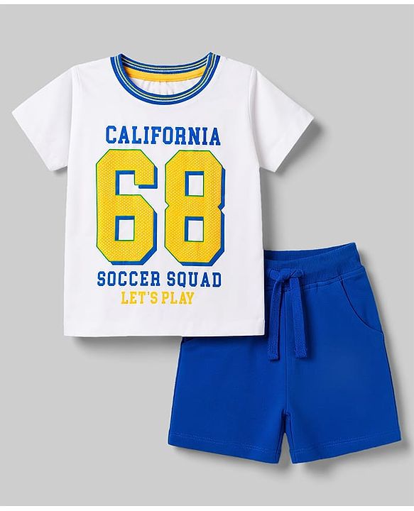 Babyhug Single Jersey Knit Half Sleeves T-Shirt & Shorts Set With Text Print - White & Blue