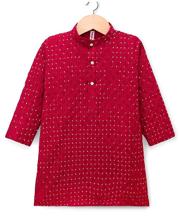 Babyhug Cotton Woven Full Sleeves Embroidered Kurta Pyjama Set With Sequin Detailing - Red