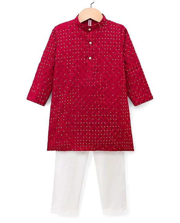 Babyhug Cotton Woven Full Sleeves Embroidered Kurta Pyjama Set With Sequin Detailing - Red