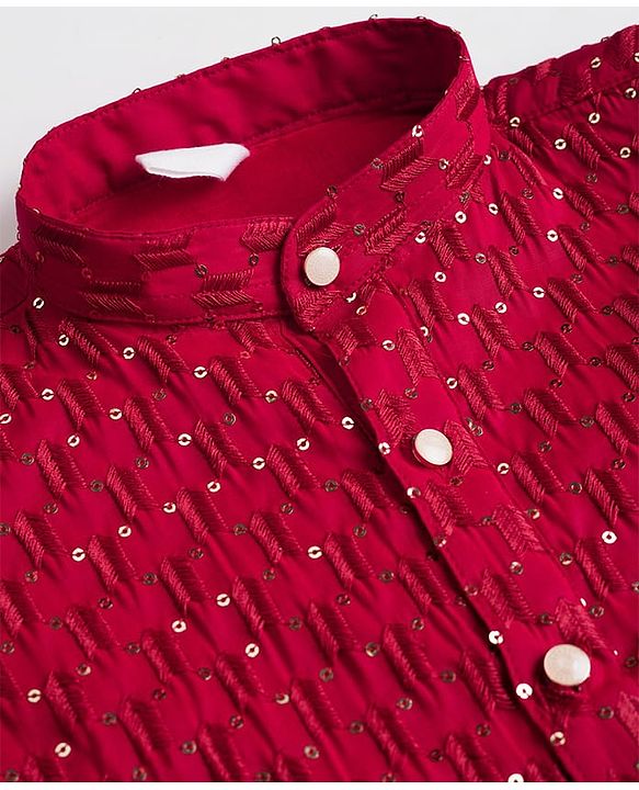 Babyhug Cotton Woven Full Sleeves Embroidered Kurta Pyjama Set With Sequin Detailing - Red