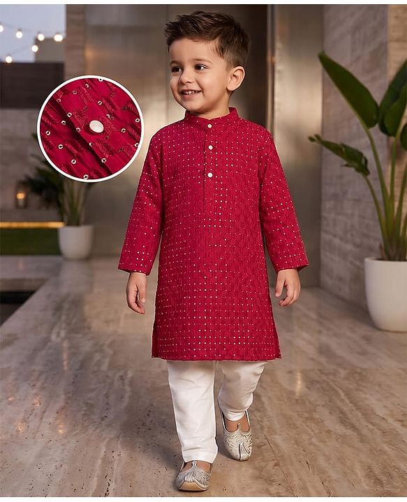 Babyhug Cotton Woven Full Sleeves Embroidered Kurta Pyjama Set With Sequin Detailing - Red