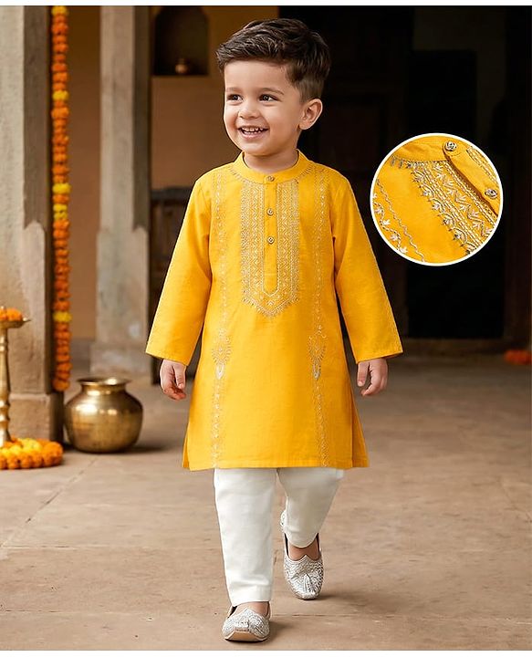 Babyhug Chanderi Woven Full Sleeves Kurta Pajama Set with Embroidery - Yellow