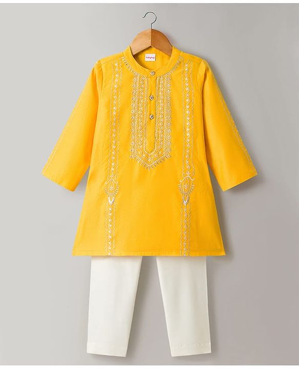 Babyhug Chanderi Woven Full Sleeves Kurta Pajama Set with Embroidery - Yellow