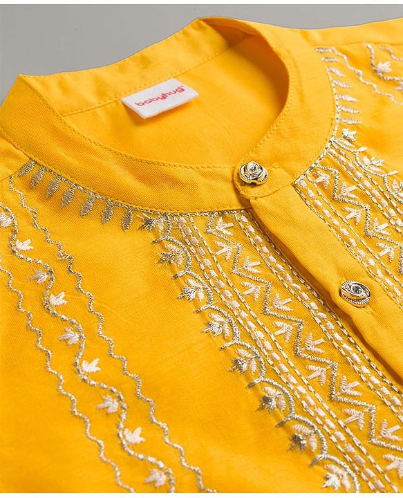Babyhug Chanderi Woven Full Sleeves Kurta Pajama Set with Embroidery - Yellow