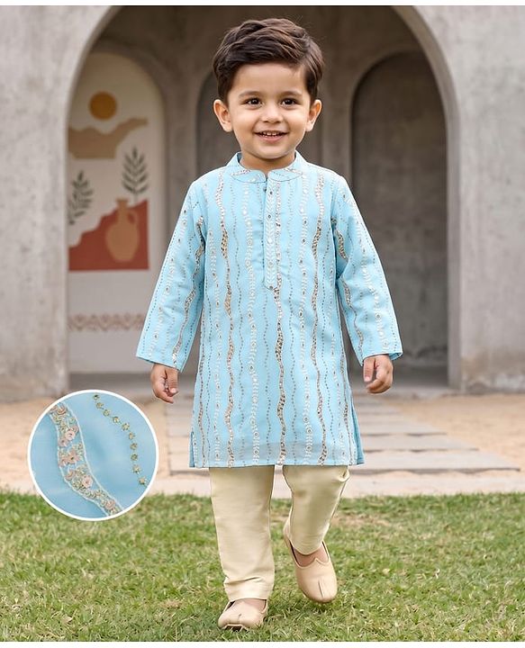 Babyhug Georgette Woven Full Sleeves Kurta Pyjama Set With Sequin & Embroidery Detailing - Aqua Blue