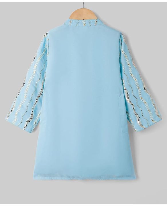 Babyhug Georgette Woven Full Sleeves Kurta Pyjama Set With Sequin & Embroidery Detailing - Aqua Blue