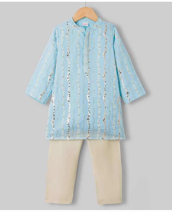 Babyhug Georgette Woven Full Sleeves Kurta Pyjama Set With Sequin & Embroidery Detailing - Aqua Blue