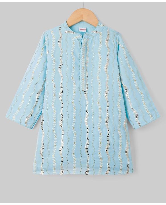 Babyhug Georgette Woven Full Sleeves Kurta Pyjama Set With Sequin & Embroidery Detailing - Aqua Blue