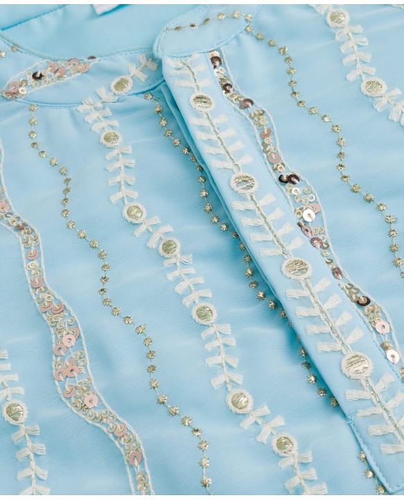 Babyhug Georgette Woven Full Sleeves Kurta Pyjama Set With Sequin & Embroidery Detailing - Aqua Blue