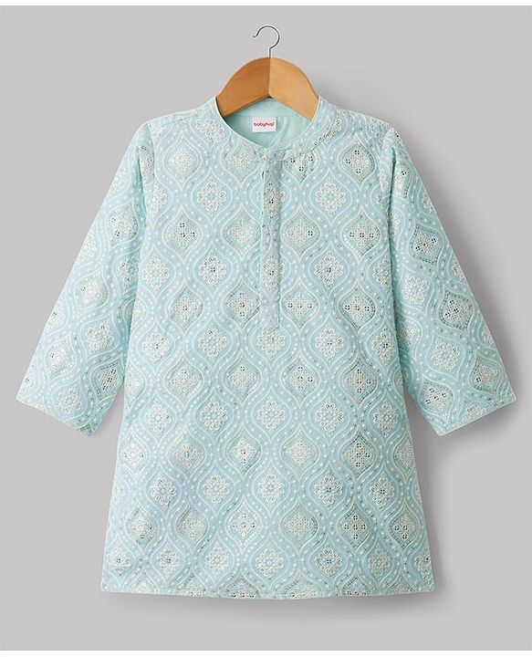 Babyhug Cotton Blend Woven Full Sleeves Floral Embroidered & Sequinned Kurta & Pyjama Set - Light Blue