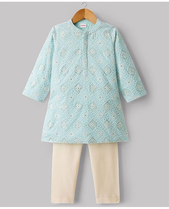 Babyhug Cotton Blend Woven Full Sleeves Floral Embroidered & Sequinned Kurta & Pyjama Set - Light Blue