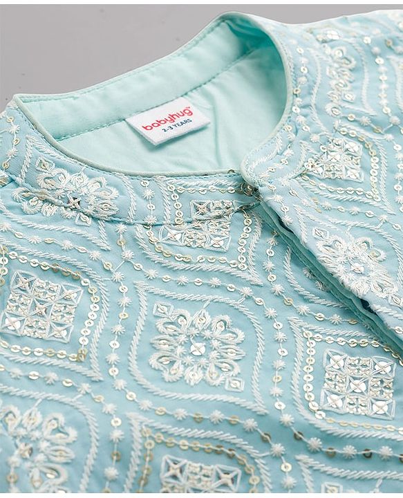 Babyhug Cotton Blend Woven Full Sleeves Floral Embroidered & Sequinned Kurta & Pyjama Set - Light Blue
