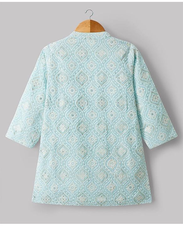 Babyhug Cotton Blend Woven Full Sleeves Floral Embroidered & Sequinned Kurta & Pyjama Set - Light Blue