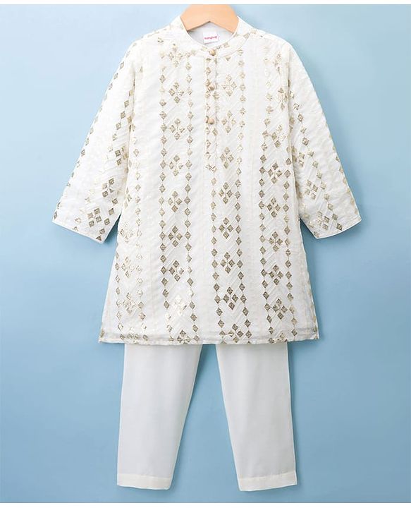 Babyhug Cotton Woven Full Sleeves Embroidered Kurta Pyjama Set - Offwhite