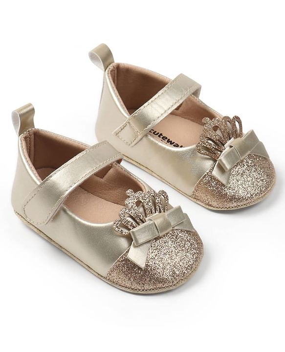 Cute Walk by Babyhug Velcro Closure Booties with Crown Applique - Golden