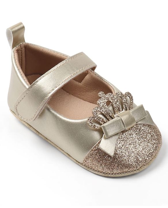 Cute Walk by Babyhug Velcro Closure Booties with Crown Applique - Golden