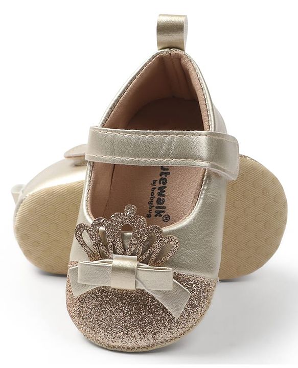 Cute Walk by Babyhug Velcro Closure Booties with Crown Applique - Golden