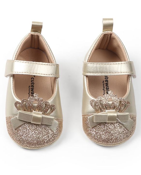 Cute Walk by Babyhug Velcro Closure Booties with Crown Applique - Golden