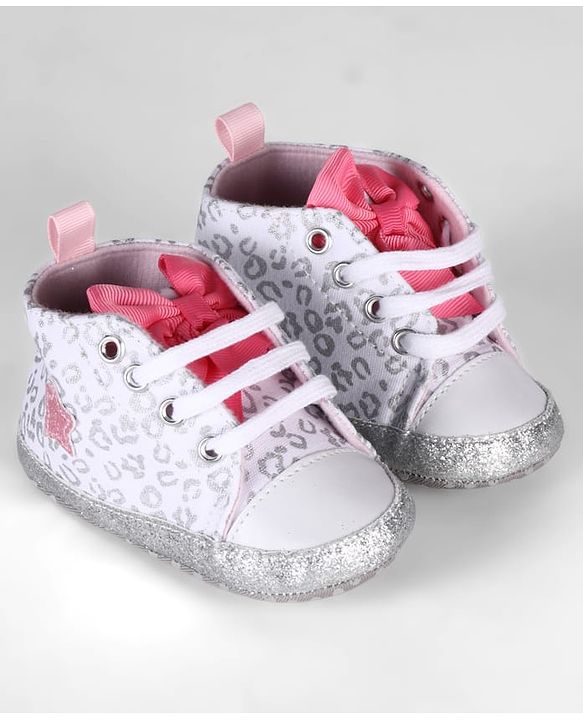 Cute Walk by Babyhug Lace Up Glitter Printed Booties With Bow Applique - Grey