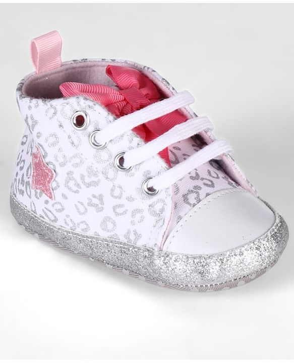 Cute Walk by Babyhug Lace Up Glitter Printed Booties With Bow Applique - Grey