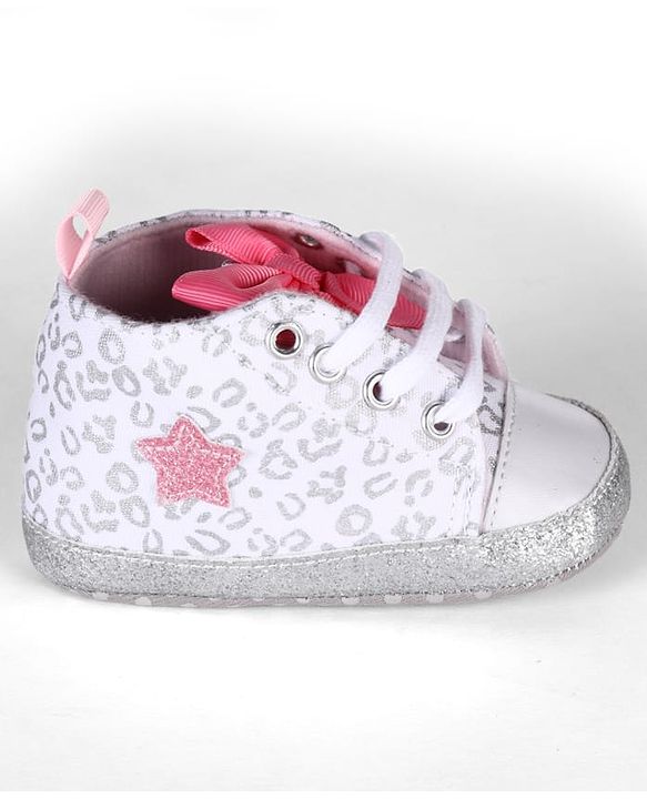 Cute Walk by Babyhug Lace Up Glitter Printed Booties With Bow Applique - Grey