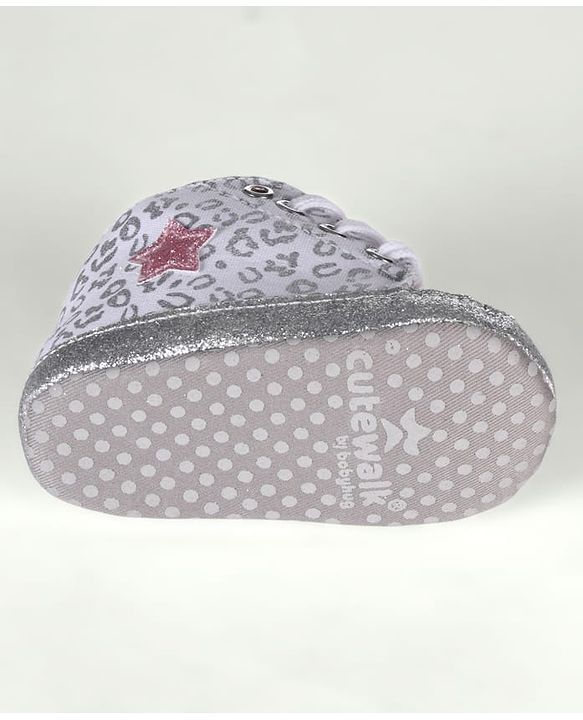 Cute Walk by Babyhug Lace Up Glitter Printed Booties With Bow Applique - Grey