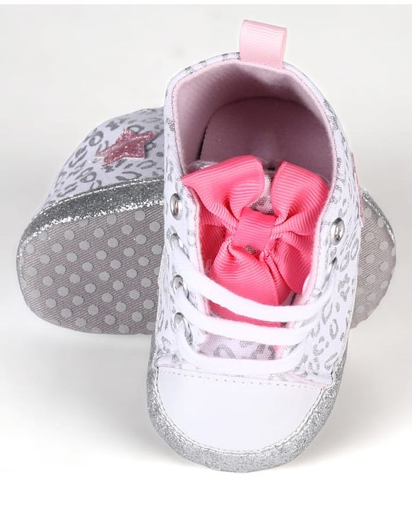 Cute Walk by Babyhug Lace Up Glitter Printed Booties With Bow Applique - Grey
