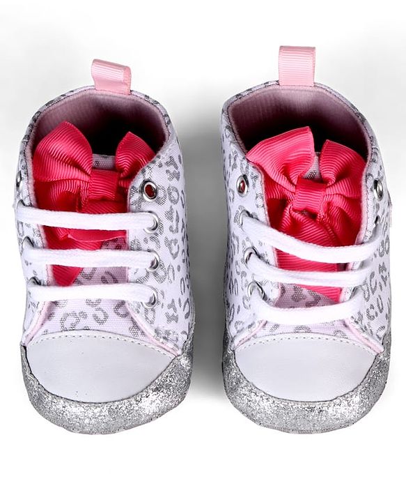 Cute Walk by Babyhug Lace Up Glitter Printed Booties With Bow Applique - Grey