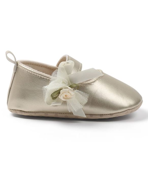 Cute Walk by Babyhug Velcro Closure Booties with Floral Applique - Golden
