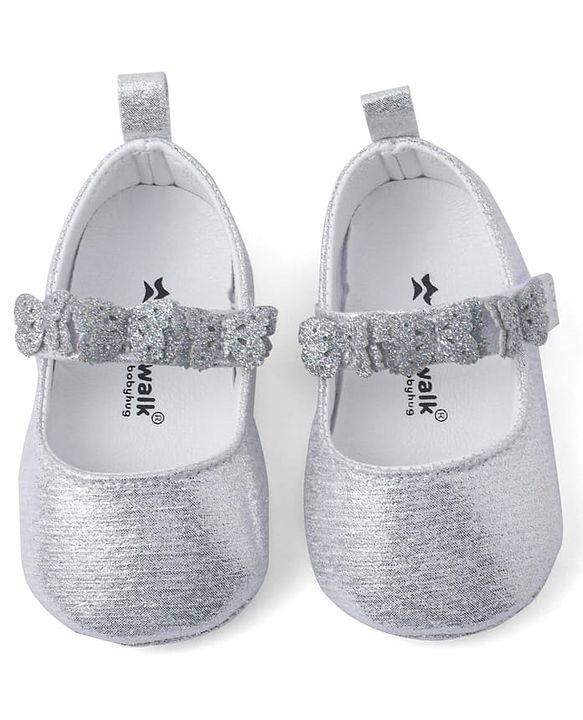 Cute Walk by Babyhug Velcro Closure Booties with Butterfly Applique - Silver