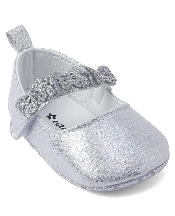 Cute Walk by Babyhug Velcro Closure Booties with Butterfly Applique - Silver