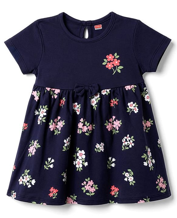 Babyhug Cotton Interlock Knit  Half Sleeves Floral Printed Frocks and Bloomer with Floral Print - Navy