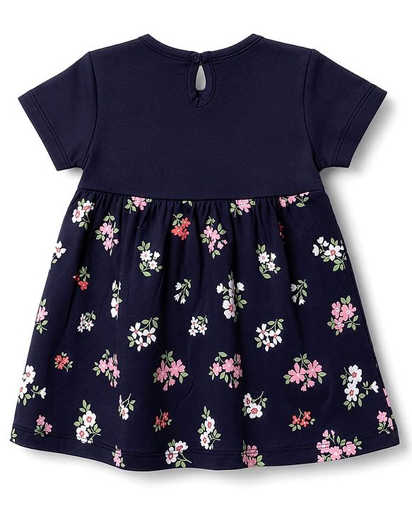 Babyhug Cotton Interlock Knit  Half Sleeves Floral Printed Frocks and Bloomer with Floral Print - Navy