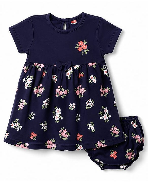 Babyhug Cotton Interlock Knit  Half Sleeves Floral Printed Frocks and Bloomer with Floral Print - Navy