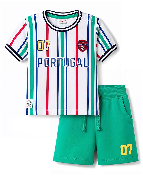 Babyhug 100% Cotton Knit Half Sleeves Striped & Text Printed T-Shirt & Shorts Set With Patch - Multicolor