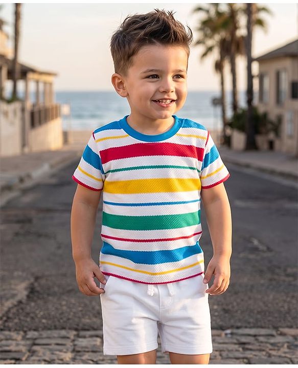 Babyhug Single Jersey Knit Half Sleeves Striped T-Shirt & Shorts Set - Multicolor