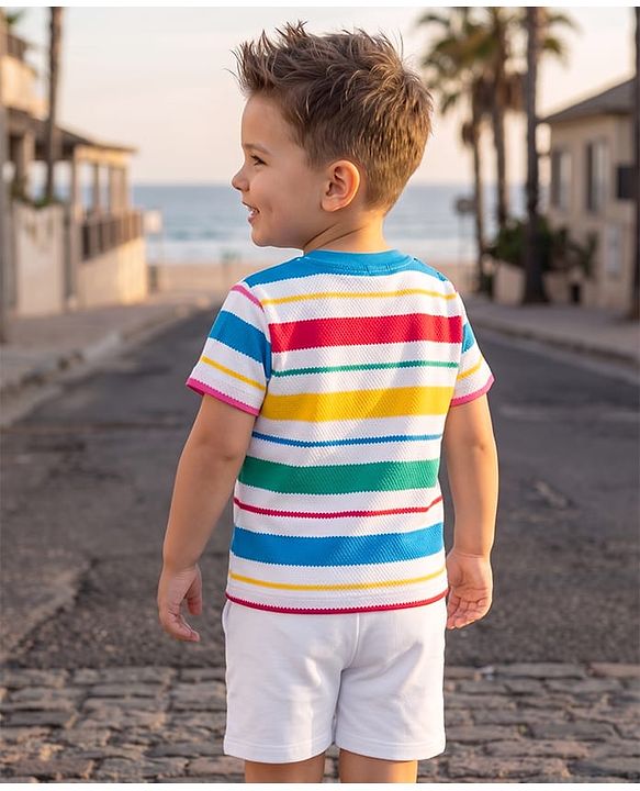 Babyhug Single Jersey Knit Half Sleeves Striped T-Shirt & Shorts Set - Multicolor