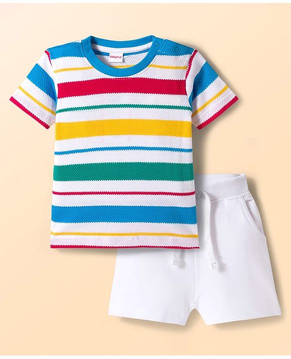 Babyhug Single Jersey Knit Half Sleeves Striped T-Shirt & Shorts Set - Multicolor