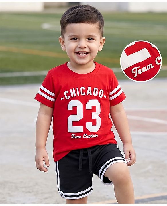 Babyhug Single Jersey Knit Half Sleeves T-Shirt & Shorts Set With Chicago Print - Red